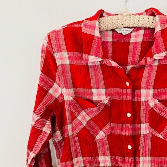 Lucky brand | red, white and pink plaid button down top | size large - Picture 6 of 6